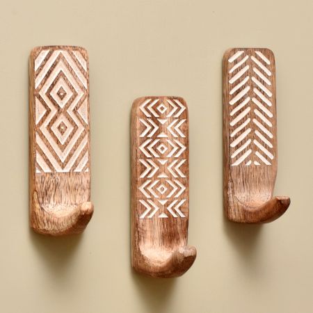 Wooden Brown White Pattern Adhesive Hook - Pack of 3